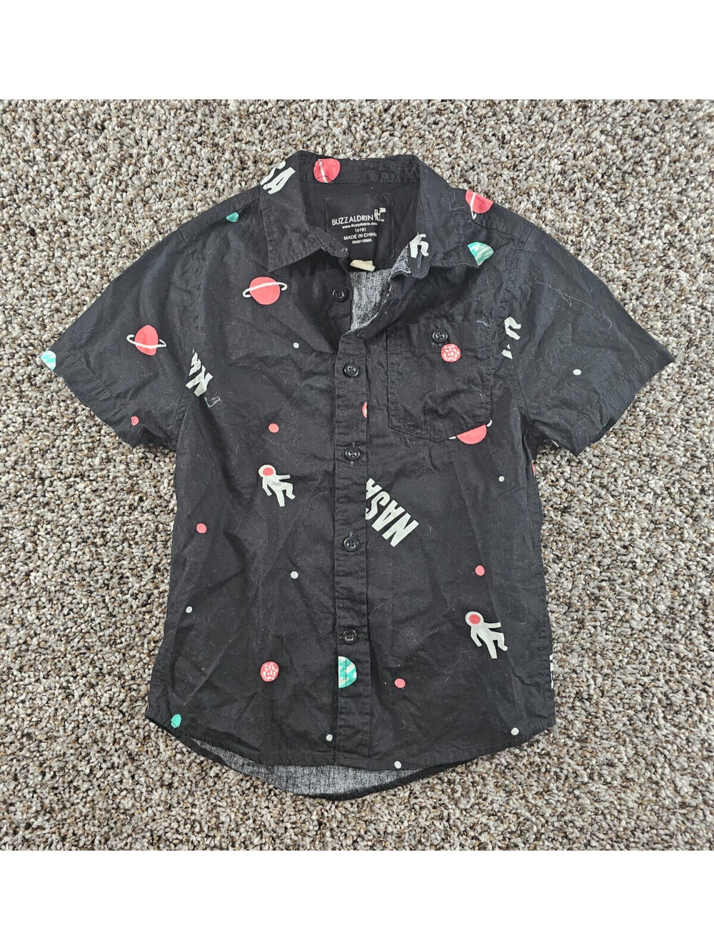 Buzz Aldrin Boys Sz M Short Sleeve Button Up Shirt Outer Space Planets Astronaut